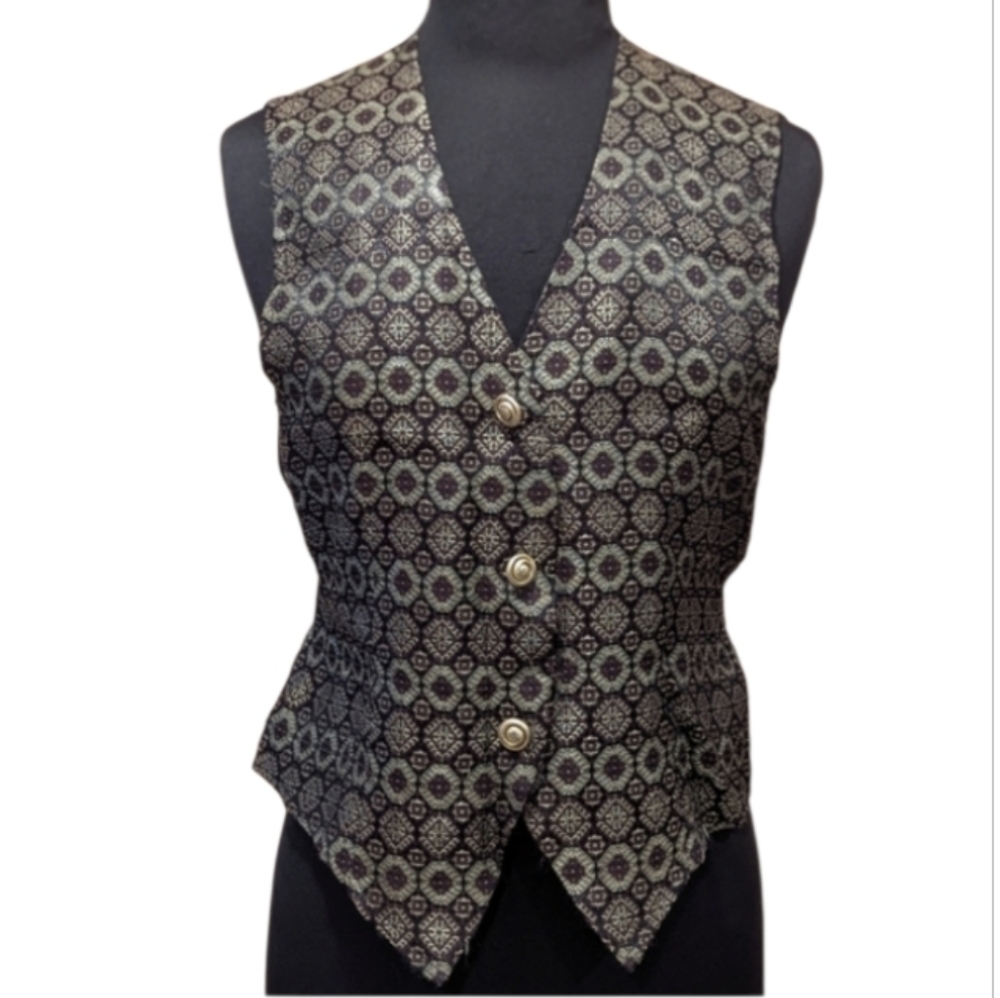 Vintage 90s Whimsigoth Patterned Button-Up Vest Satin Medium Gloria Lance Boho